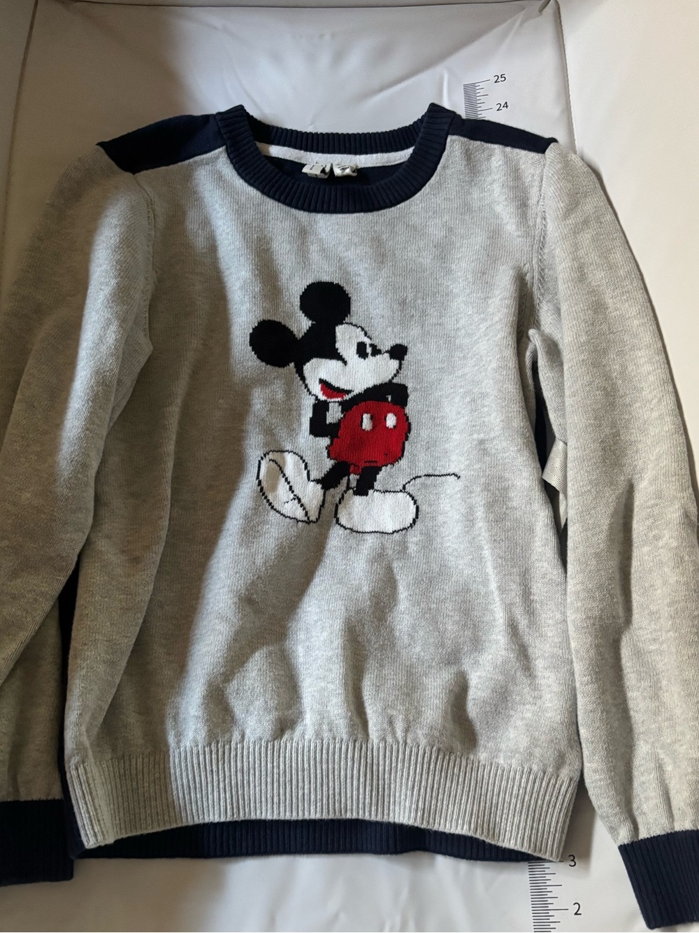 Disney Gray Sweater with Navy Trim and Red Mickey Accent